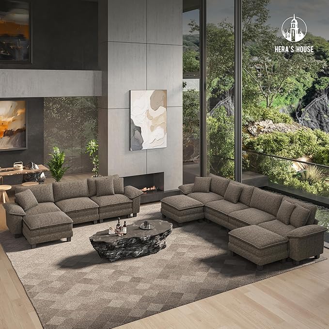 HERA'S HOUSE 158" Modular Sectional Sofa, Oversized L Shaped Couches for Living Room, Comfy Cloud Couch with Ottoman, 5-Seater Deep Seat Sofa with Throw Pillow, Chenille Ash