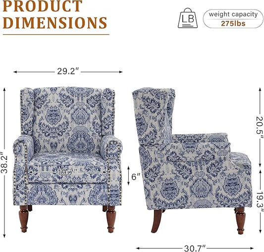Wingback Accent Chairs Set of 2, High Back Upholstered Armchair, Printed Fabric Wingback Arms Chairs with Wood Legs, Single Sofa Reading Chair for Bedroom Living Room, Navy