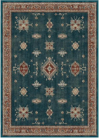 RUGGABLE Washable Vintage Area Rug – Verena Teal Blue 10x14, Stain-Resistant, Non-Slip – Large Machine Washable Rugs for Living Room, Bedroom, Hallway, Entryway & Office–with Standard Pad