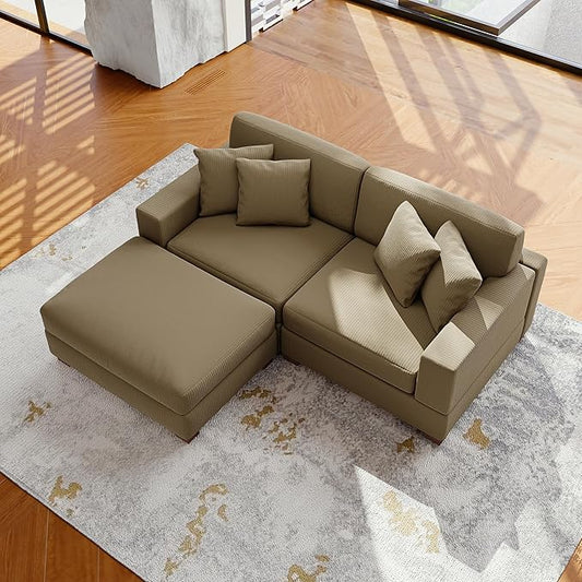 Modular Sectional Couches for Living Room, Modern Loveseat 2-Seater Sofa Couch with Ottoman, Upholstered Couches for Living Room Bedroom, Camel