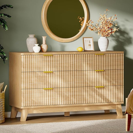 Fluted Dresser with 6 Drawers, 54" Wide Modern Chest of Drawers with Metal Handle, Wooden Dresser TV Stand, Wood Closet Clothes Storage Organizer for Bedroom, Living Room, Hallway, Natural Oak