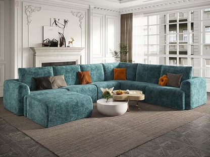EASE MOOSE Sectional Cloud Couch Oversized for Living Room,7-Seat Modular Boneless Sofa U-Shaped Sofa with Ottoman, No-Assembly Chenille Couch, Blue