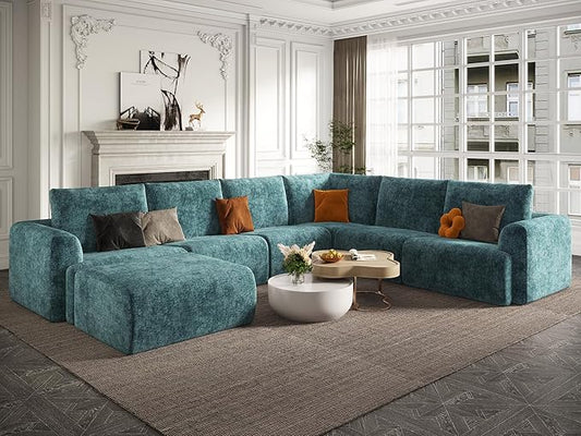 EASE MOOSE Sectional Cloud Couch Oversized for Living Room,7-Seat Modular Boneless Sofa U-Shaped Sofa with Ottoman, No-Assembly Chenille Couch, Blue