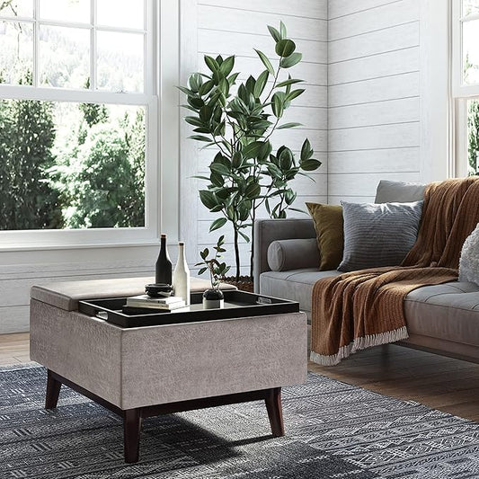 SIMPLIHOME Owen 34 inch Wide Mid Century Modern Rectangle Tray Top Small Coffee Table Storage Ottoman in Distressed Grey Vegan Faux Leather, Assembled, For the Living Room, Entryway and Family Room
