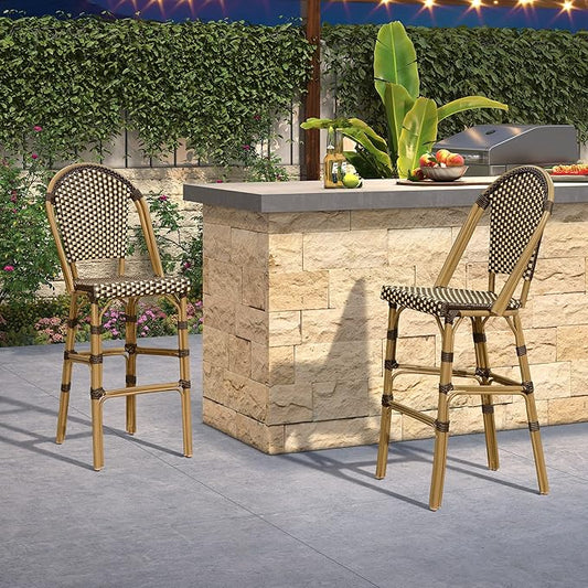 PURPLE LEAF French Bar Stool Set of 2 Bamboo Print Finish Patio Bar Stools with Back Rattan Chairs Wicker Bar Height Stool 30" with Footrest Kitchen Island Stools Outdoor Barstool Brown