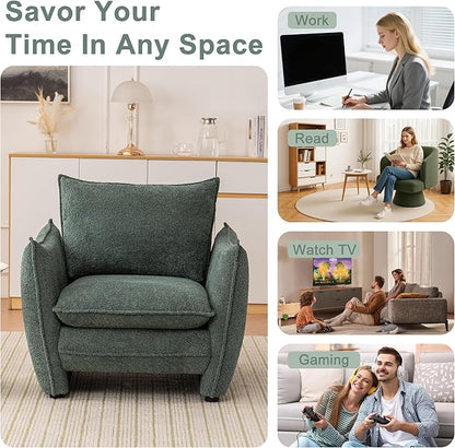 Oversized Armchair, Modern Accent Chair Upholstered in Soft Cloud Fabric with Plush Cushions – Comfy Lounge Chair for Reading Nook, Living Room, and Bedroom (Green, Set of 2)