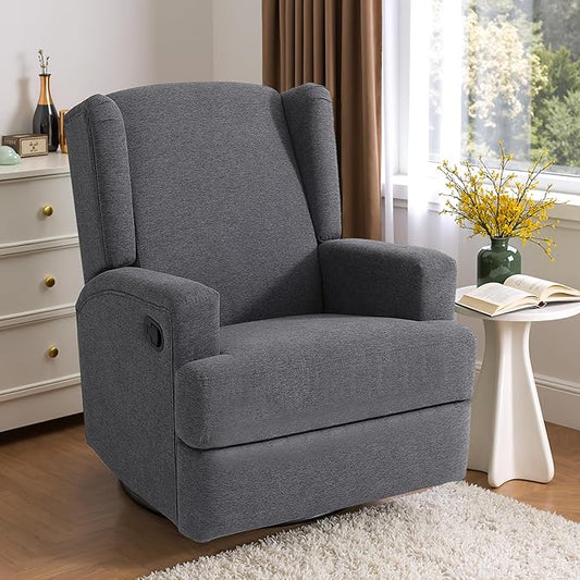 Swivel Glider Recliner Chair for Adults with Deep Seat - High Back Rocker Reclining Accent Chair, Manual Recliner for Living Room & Nursery, Comfortable Upholstered Fabric Armchair-Gray