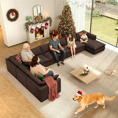 Vesgantti 141.7" U Shaped Boneless Sectional Couch, Modern 6 Seater Modular Sofa with Chaise & Ottoman, Deep Seat Corduroy Cloud Couches for Living Room, No Assembly Required, Dark Brown