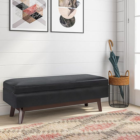 SIMPLIHOME Owen 48 inch Wide Mid Century Modern Rectangle Rectangular Storage Ottoman in Midnight Black Vegan Faux Leather, Assembled, for the Living Room, Entryway and Family Room