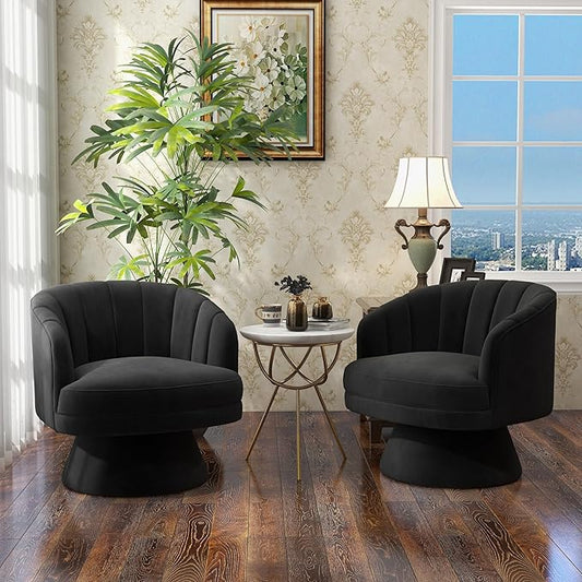 Swivel Accent Chair Set of 2,Upholstered Velvet 360° Swivel Barrel Chair for Living Room Overstuffed Bouncle Reading Chair Round Armchair for Bedroom,Vanity,Office (Black)