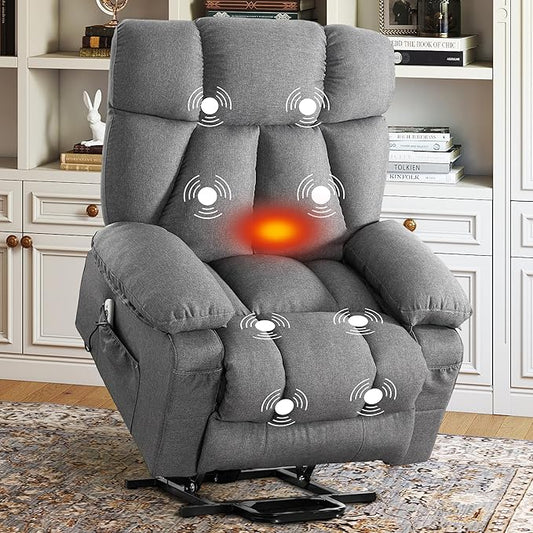 Oversized Power Lift Recliner Chair for Elderly, Big and Tall Lift Chair with Massage and Heat for Living Room, Fabric Electric Recliner Chairs with 4 Side Pockets, USB Charge Port,Grey