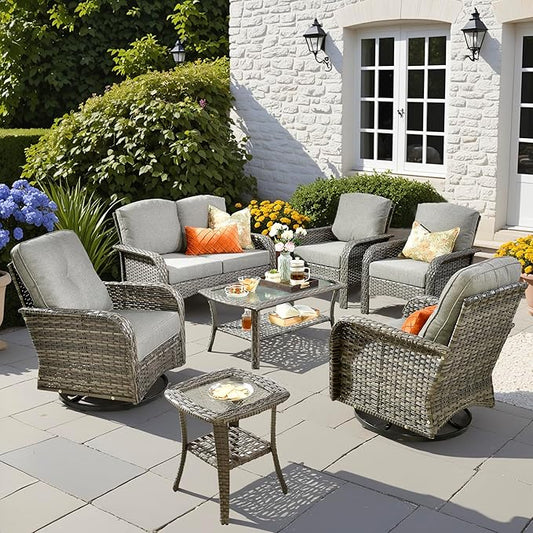 7 PCS Patio Outdoor Furniture Set with Swivel Rocking Chairs,All Weather Wicker Rattan Patio Seating Sofa and Chairs Set,Outdoor Conversaiton Sets for Deck Yard Prrch Garden Poolside,Dark Grey