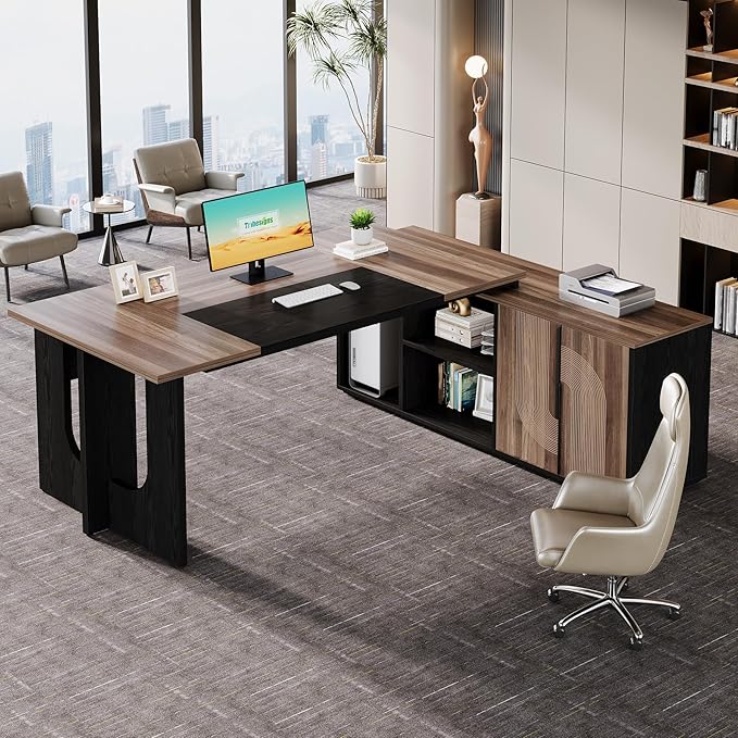 Tribesigns 74.8 Inch Executive Desk, Large Office Desk with Cabinet, L Shaped Computer Table with Shelves and CPU Storage, Modern Home Office Desks Business Furniture Workstation Set