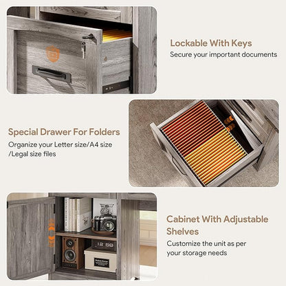 Farmhouse Executive Desk with Drawers, 55" Home Office Desks with Fast Charging Station, Lockable File Cabinet, Wood Writing Computer Desk for Work, Study, Grey