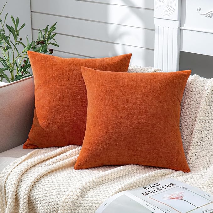 GAWAMAY Decorative Chenille Throw Pillow Covers 26x26 Inch Pack of 2, Soft Square Couch Pillow Cover for Sofa Cushion Living Room Bedroom Solid Dyed Oversized Pillowcases Orange 66x66cm (ONLY Covers)