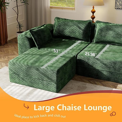 Hobestluk Cloud Single Sofa with Ottoman Memory Foam Couch with Deep Seat L Shaped Sofa with Removable Cover Large Couch for Living Room (Green, Single Sofa with One Ottoman)