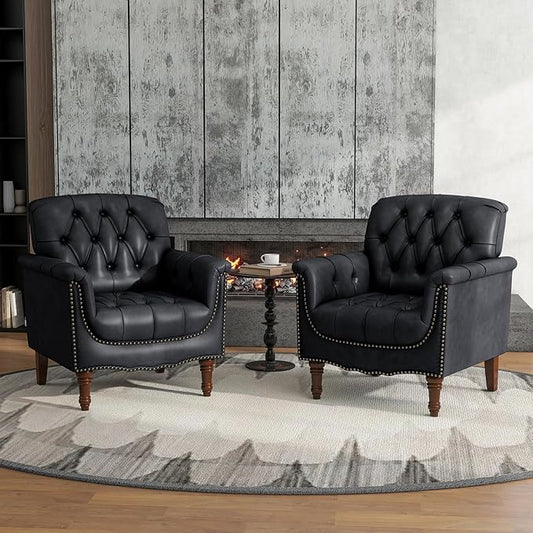 Lumibee Faux Leather Armchairs, Contemporary Accent Chairs Set of 2 with Nailhead Trims & Wood Legs for Living Room, Upholstered Comfy Arm Chairs for Office,Bedroom-Blue Black