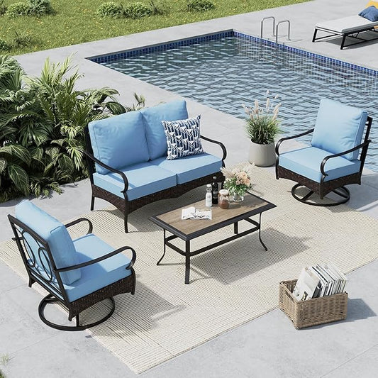 MFSTUDIO 4 Pieces Outdoor Patio Furniture Set, Metal Outdoor Conversation Set, Rattan Wicker Patio Sectional Sofa Set with 2 x Swivel Single Sofa, 2-Seat Sofa, 1 x Coffee Table, Blue