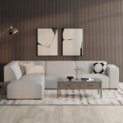 SIMPLIHOME Rex Left Corner Sectional Modular Sofa and Ottoman Set in 100% Recycled Polyester Tightly Woven Performance Fabric, Pale Grey, 116-inch-wide L-Shaped Sofa and 34-inch-Wide Ottoman