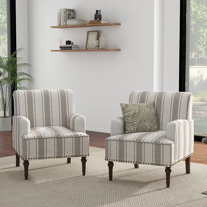 UIXE Stripe Accent Chairs Set of 2, Living Room Arm Chair Modern Nailhead Trim Club Armchair, Comfy Upholstered Sofa Lounge Seat Reading Seat Bedroom Side Seating for Home Office, Brown
