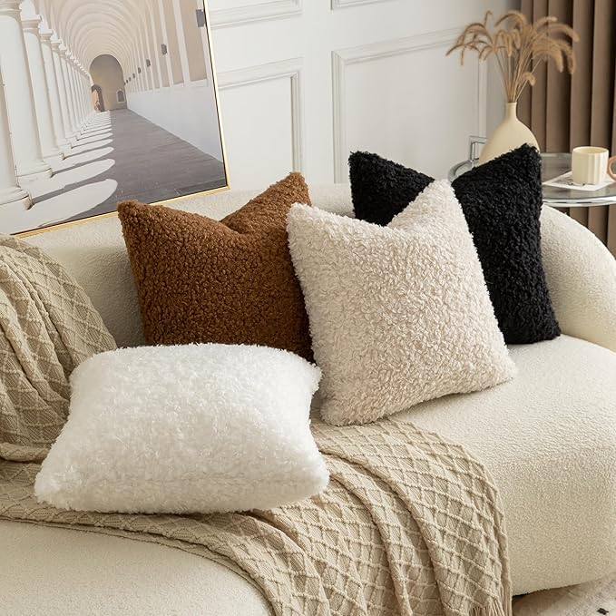 Pack of 2 Curly Teddy Wool Faux Fur Throw Pillow Covers Fuzzy Accent Soft Sherpa Pillowcases Sheepskin Fleece Decorative Cushion Case for Sofa Couch Living Room 16x16 Inch Black