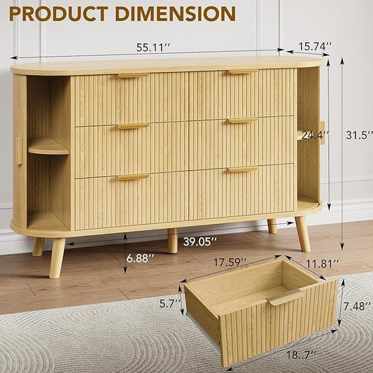 Fluted 6 Drawers Dresser, 55'' Wide Mid Century Modern Chest of Drawers with Sliding Door & Metal Handles, Curved Profile & Sturdy Legs, Wood TV Stand for Bedroom, Living Room (Natural Oak)