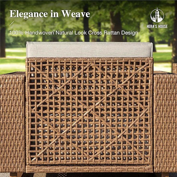 HERA'S HOUSE All Weather Patio Conversation Set，4 Pieces Patio Furniture Set, Sectional Outdoor Rattan Wicker Sofa with 5.3" Widened Armrest, Patio Couch, 10" Ultra Thick Comfy Sponge Cushion