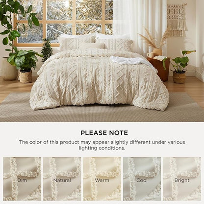 Bedsure Tufted Boho Comforter Set Oversized Queen - Beige Boho Bed Set, GentleSoft™ 3 Pieces Farmhouse Shabby Chic Embroidery Bedding, Gifts for Woman, Soft Jacquard Comforter for All Seasons