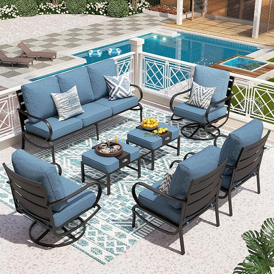 PHI VILLA 7 PCS Patio Furniture Set,Metal Outdoor Furniture with 1x 3 Seater Cushioned Deep Seating Bench Sofa, 2 Swivel Chair, 2 x Leg Chairs & 2 Ottoman for 7 Person, Navy Blue