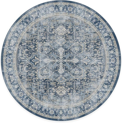 RUGGABLE Washable Vintage Area Rug – Kamran Admiral Blue 8 ft Round, Stain-Resistant, Non-Slip – Large Machine Washable Rugs for Living Room, Bedroom, Hallway, Entryway & Office–with Standard Pad