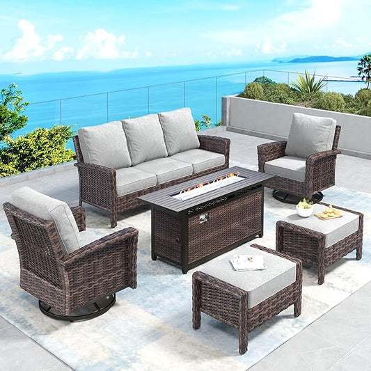 Patio Furniture Set with Swivel Chairs, High Back Wicker Rattan Set with 5.5" Thick Cushions, Fire Pit Table and Ottomans, All Weather Outdoor Conversation Set for Backyard Deck,7 Seats, Light Grey