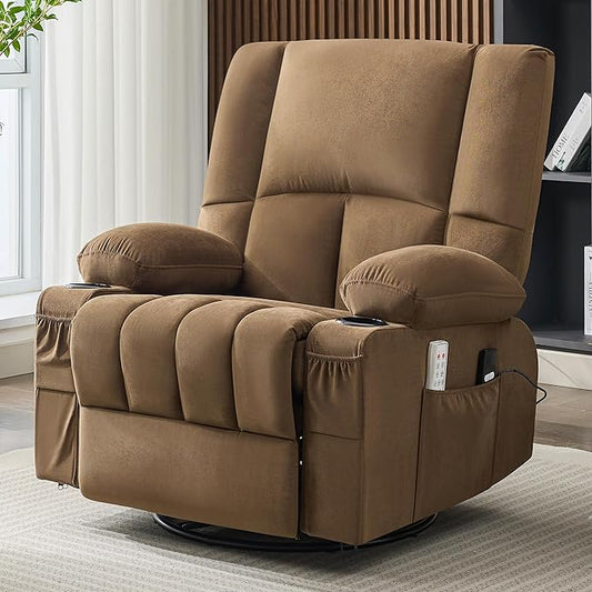 Swivel Rocker Chair with Heat and Massage, 270° Power Recliner Chairs for Adults, USB and Type-C Ports, Oversized Recliner Single Sofa, Electric Glider Chair(Brown)