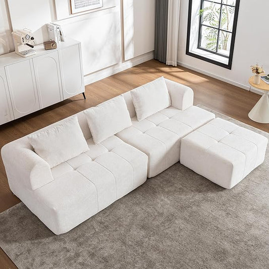 95" Modern Cloud Sectional Sofa Couch, Modular L-Shaped Sofas with Deep Seat and Chaise Ottoman, Chenille Boneless Tufted Couches for Living Room, No Assembly Required, Ivory