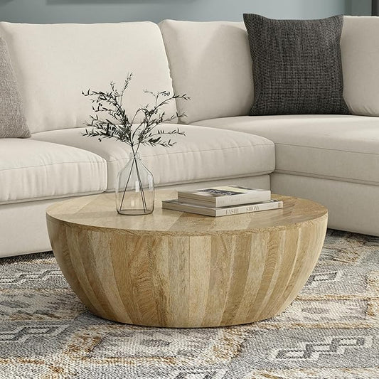 SIMPLIHOME Elmbrook Coffee Table - 34 inch Wide Solid Mango Wood Modern Industrial Round Drum Cocktail Table in Natural, Sculptural Living Room Table with Low Profile Design, Assembled