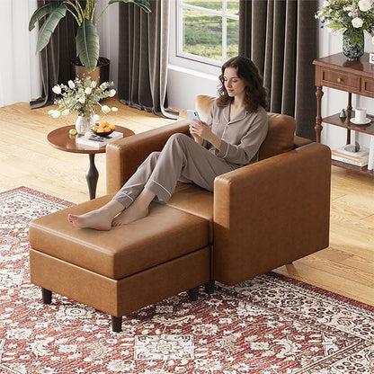 ABCASA Faux Leather Accent Chair with Ottoman,Upholstered Armchair with Storage,Extra-Deep-Seated Modular Single Sofa,Reading Chair with Footrest for Living Room Lounge Chair Brown