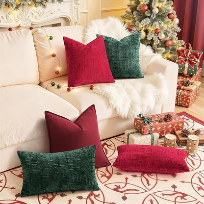decorUhome Christmas Green Chenille Throw Pillow Covers 16x16 Set of 2 Thick Textured Slubby Couch Pillow Covers Farmhouse Accent Modern Neutral Decorative Pillow Cases for Bed Sofa Living Room