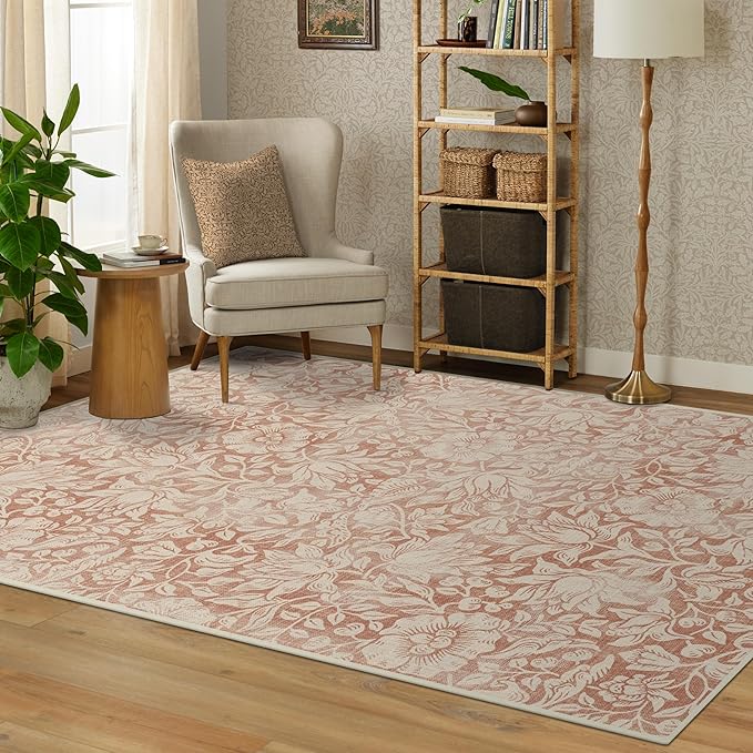 RUGGABLE x Morris & Co Washable Area Rug – Mallow Rust Red 5x7, Stain-Resistant, Non-Slip – Medium Machine Washable Rugs for Living Room, Bedroom, Hallway, Entryway & Office–with Cushioned Pad