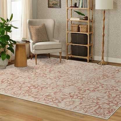 RUGGABLE x Morris & Co Washable Area Rug – Mallow Rust Red 5x7, Stain-Resistant, Non-Slip – Medium Machine Washable Rugs for Living Room, Bedroom, Hallway, Entryway & Office–with Standard Pad