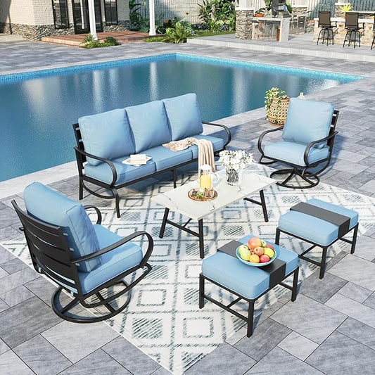 Sophia & William Patio Furniture Sets 7 Seats Outdoor Conversation Set 6 Pcs,2 x Cushioned Swivel Sofa Chairs,1 x 3-Seat Sofa,2 Ottomans, Marbling Metal Coffee Table Patio Backyard Poolside Blue