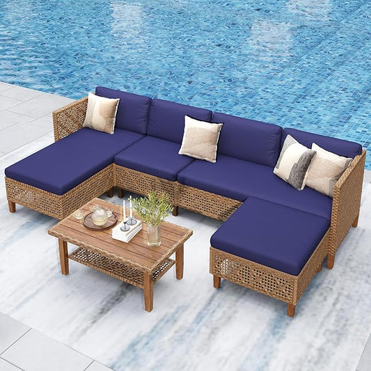 PHI VILLA Wicker Patio Furniture Set, 6 Seats Sectional Outdoor Sofa with Cushions and Acacia Wood Coffee Table, Patio Conversation Set for Garden, Backyard or Balcony, Navy Blue