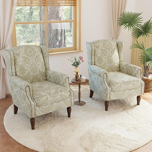Lumibee Wingback Accent Chair, 2 Set High Back Floral Armchairs in Fabric,Comfy Upholstered Reading Single Sofa Chairs with Solid Wood Legs for Living Room,Bedroom,Office-White