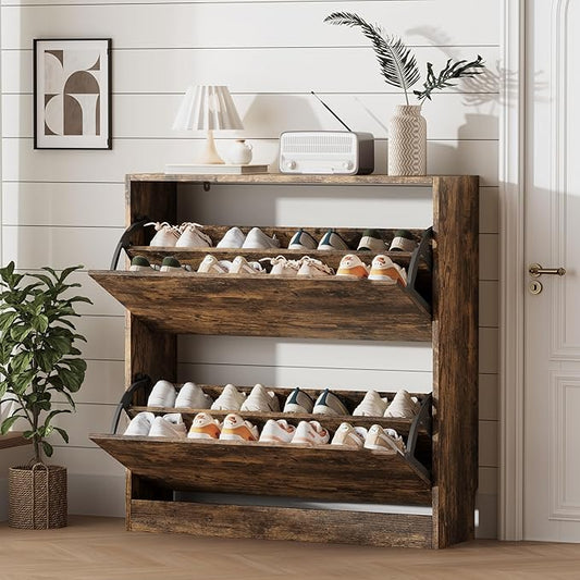 Shoe Storage Cabinet for Entryway with 2 Flip Drawers, Sturdy Wood Hidden Shoe Storage, Freestanding Narrow Slim Shoe Organizer for Front Door Entrance, Living Room, Hallway, Bedroom, Brown