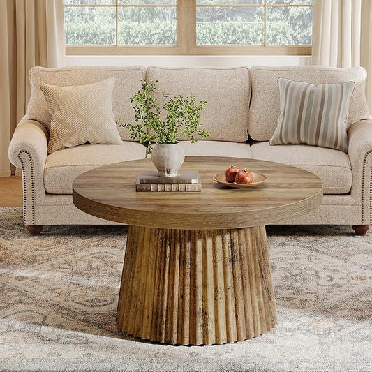 Tribesigns Coffee Table, 31.5" Small Farmhouse Round Coffee Tables with Fluted Drum Base, Mid Century Modern Boho Accent Center Table for Living Room, Apartment, Small Space, Brown
