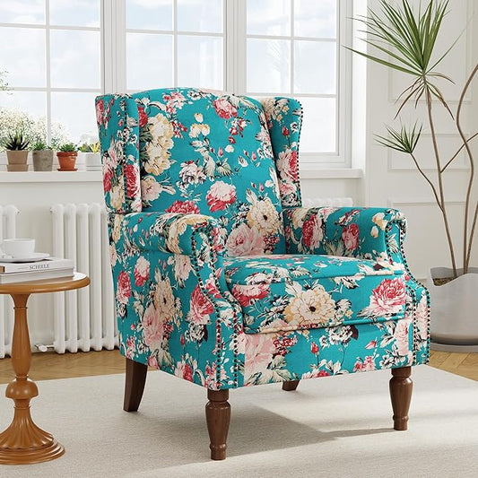 Accent Chair, Upholstered High Back Floral Armchair with Nailhead Trim & Wood Legs, Comfy Wingback Reading Single Sofa Chair for Small Spaces, Living Room, Bedroom ( Peacock Blue Floral, Set of 1)