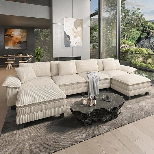 HERA'S HOUSE 158" Modular Sectional Sofa, Oversized U Shaped Couches for Living Room, Comfy Cloud Couch with Ottoman, 6-Seater Deep Seat Sofa with Throw Pillow, Corduroy Beige