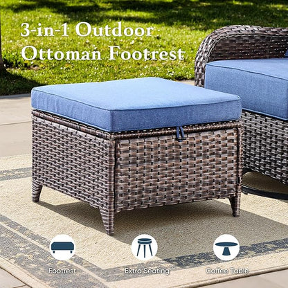 Belord Luxury 6" Thick Cushioned 5 Pieces Patio Furniture Set with 2 Ottomans, Wicker Outdoor Conversation Set with High Back Swivel Rocker Patio Chairs for Deck Porch Yard and Poolside - Brown+Blue