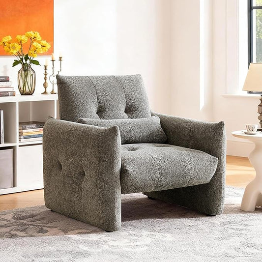 33.9" Accent Chairs, Modern Upgrade Sherpa Fabric Arm Chair Comfy Upholstered Armchair Leisure Single Sofa Chair with a Waist Pillow for Bedroom, Office and Living Room