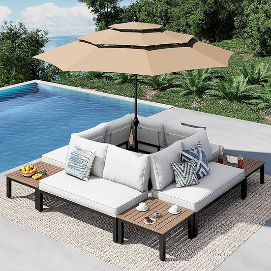 PHI VILLA 8 Pieces Outdoor Patio Furniture Set,Metal Frame Modern Outdoor Sectional Sofa Set,8 Seats with Umbrella Patio Conversation Sets,for Poolside and Backyard,Light Grey