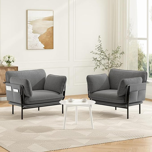 Modern Accent Chairs Set of 2, Oversized Living Room Chairs, Reading Chair with Solid Metal Legs, Fabric Armchair with Side Pockets and 2 Pillows, Accent Chairs for Bedroom, Nursery, Blue Gray