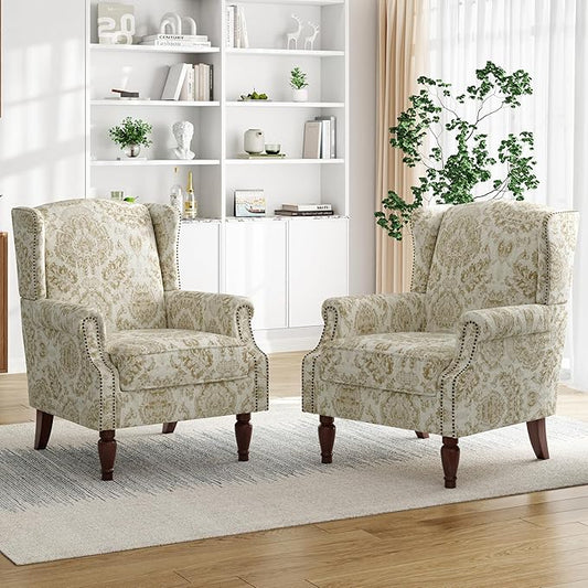 Pia Ricco Set of 2 Floral Accent Chairs, High Back Upholstered Armchairs with Retro Wingback Design, Nailhead Trim & Solid Wood Legs for Living Room Bedroom(Flower White)